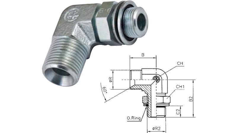 Adapter z vrtljivo matico 90° z moškim na ženski navoj
